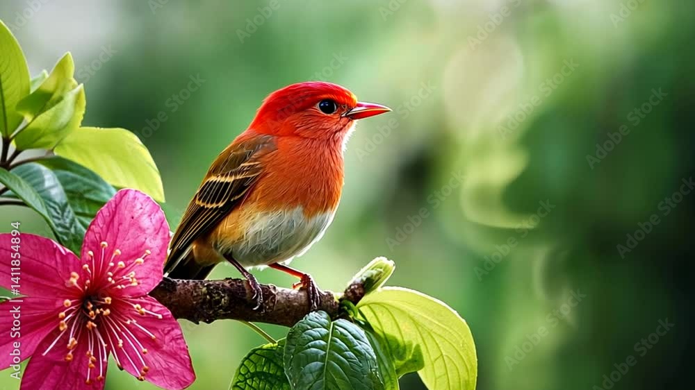 Vibrant red bird perched on a branch with colorful flowers in a lush green background Vibrant red bird perched on a branch with colorful flowers in a lush green background