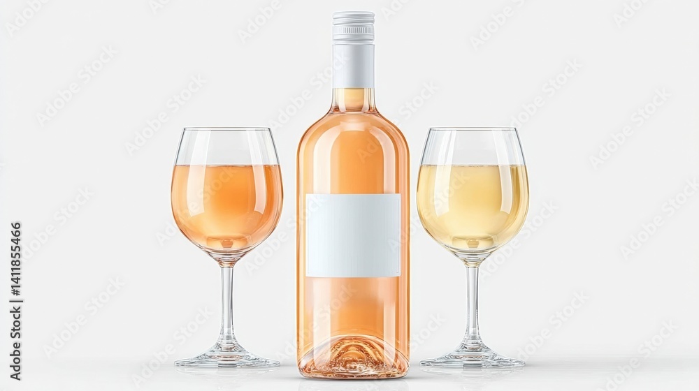 Elegant Bottles of Rosé and White Wine with Glasses on Light Background Elegant Bottles of Rosé and White Wine with Glasses on Light Background