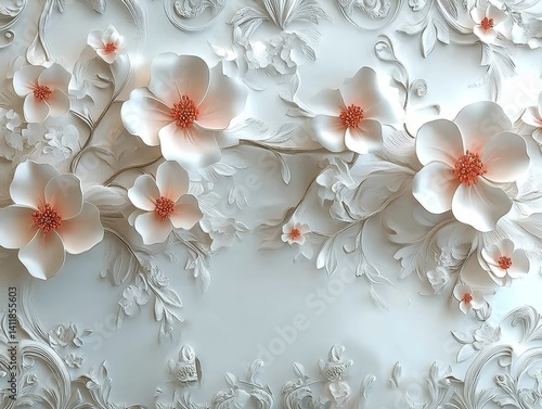Elegant 3D floral design, white flowers with peach centers, intricate carvings, wall decor.