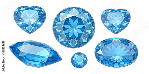 Six Blue Topaz Gemstones, Various Cuts, Isolated on Transparent Background, 3D Render, Jewelry Design, Topaz, Gem, Jewelry