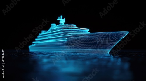 Futuristic Wireframe Yacht Model Illuminated by Cool Blue Light on a Dark Background