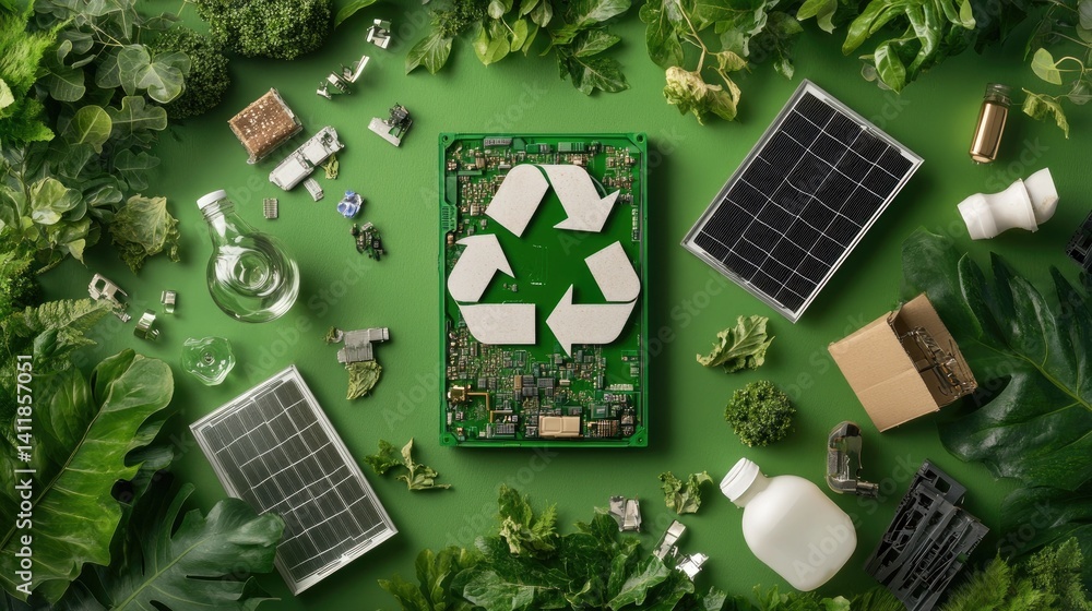 Sustainable Technology and Eco-Friendly Solutions on Green Background
