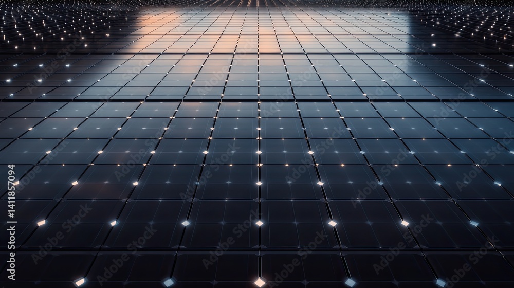 Futuristic Grid with Illuminated Squares and Reflection in Background