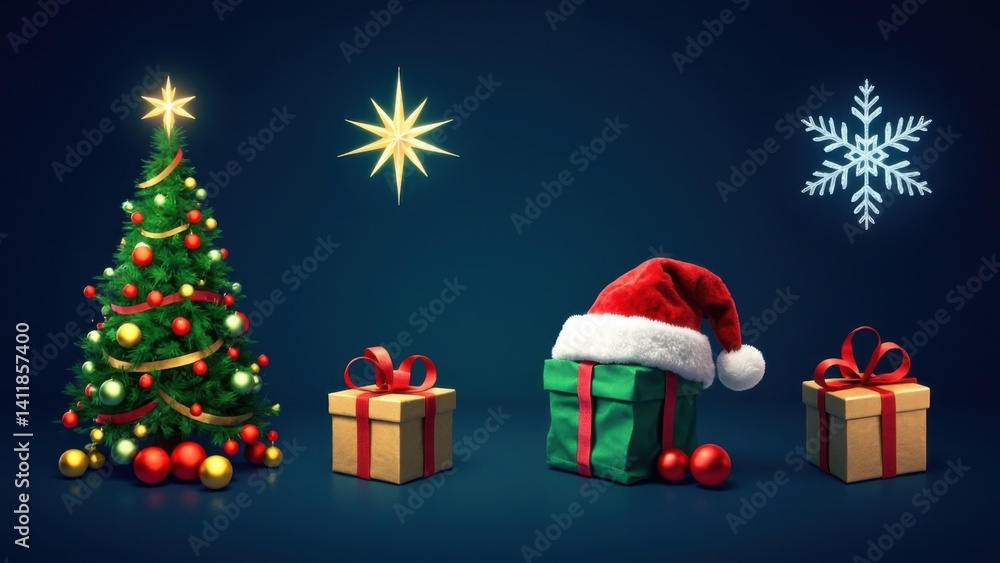 Decorated christmas scene with tree, presents and santa hat Decorated christmas scene with tree, presents and santa hat