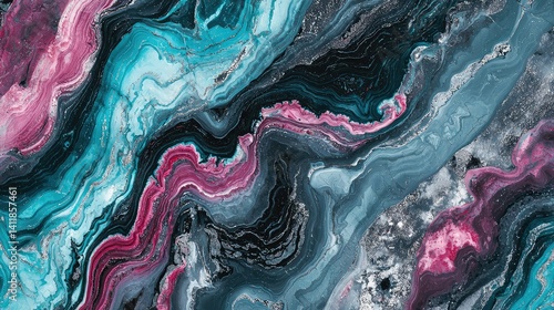vibrant marble mural with striking combinations of turquoise, magenta, and silver for a bold, energetic aesthetic