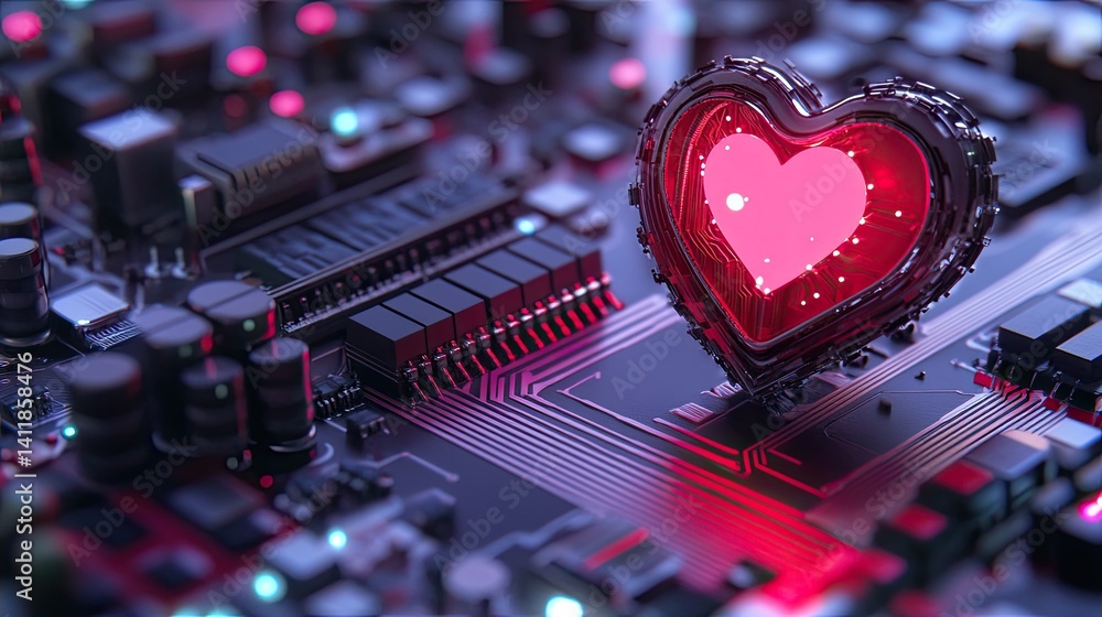 Heart Shaped Icon With Glowing Elements on Circuit Board Design