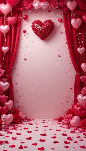 Romantic Red Heart Balloon Backdrop. AI Generated