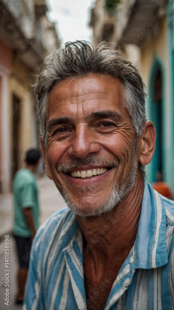 Smiling Man Portrait: Close-up capturing the warm, candid expression of a mature man with a weathered face and a kind smile.