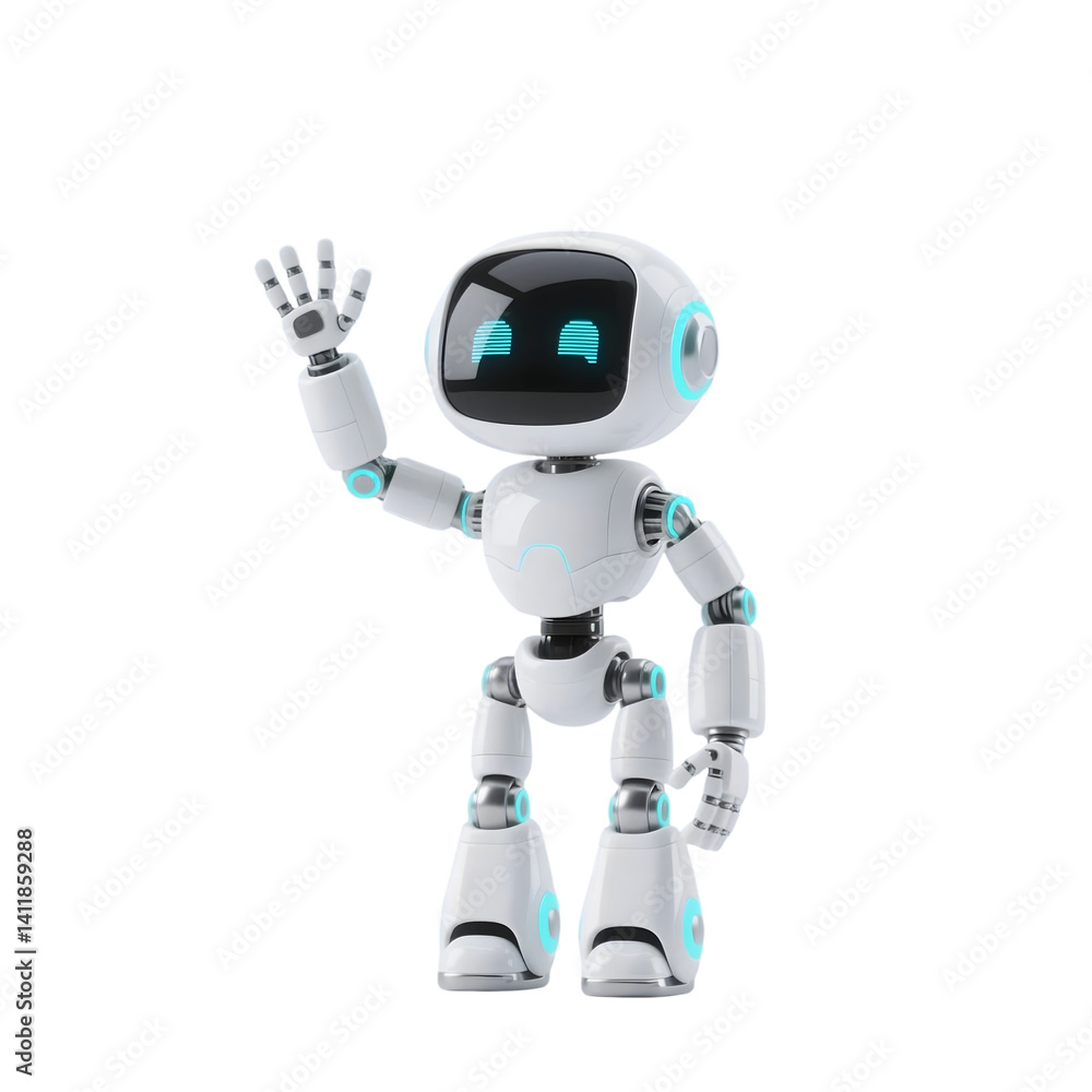 Happy robot. 3d ai character, chat bot mascot isolated on transparent background, GPT chatbot icon. Artificial intelligence, trendy technology, support service, funny automation computer