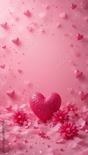 Pink Glitter Hearts Softly Falling Romantic Scene. AI Generated
