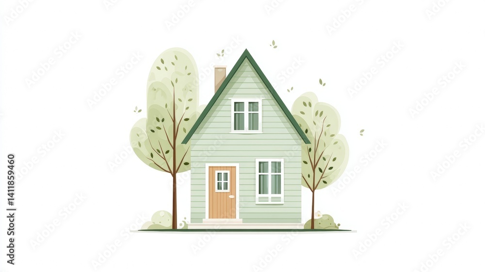 Fototapeta premium Charming Green House Surrounded by Lush Trees and Soft Nature Elements in Minimal Design