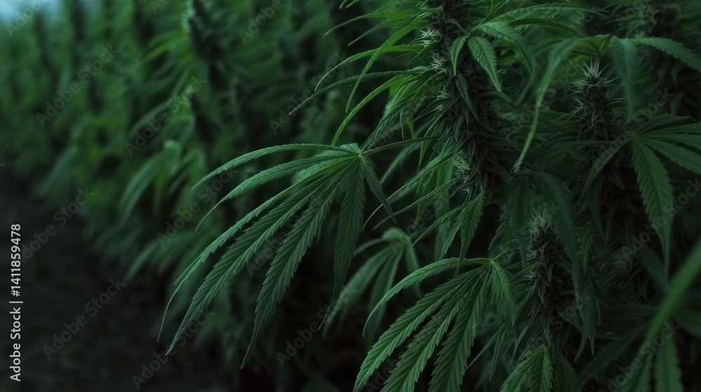 Fototapeta premium Hemp field, lush green plants, outdoor farm, growth in cultivation