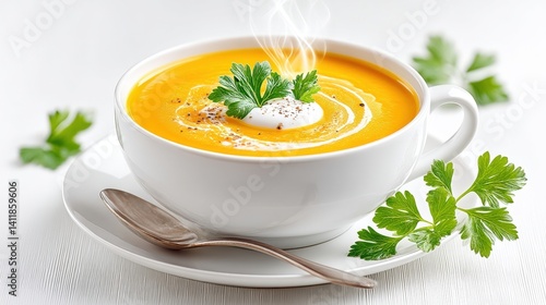 Creamy butternut squash soup in a white bowl garnished with herbs and a swirl of cream