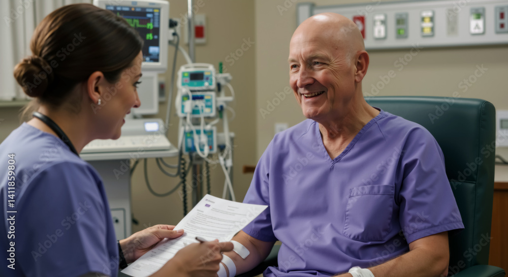 Doctor and senior male cancer patient. Physician discussing treatment with smiling elderly Caucasian bald man. National Cancer Survivors day. Successful cancer treatment. Patient and nurse caregiver. Doctor and senior male cancer patient. Physician discussing treatment with smiling elderly Caucasian bald man. National Cancer Survivors day. Successful cancer treatment. Patient and nurse caregiver.