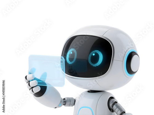 Happy robot. 3d ai character, chat bot mascot isolated on transparent background, GPT chatbot icon. Artificial intelligence, trendy technology, support service, funny automation computer