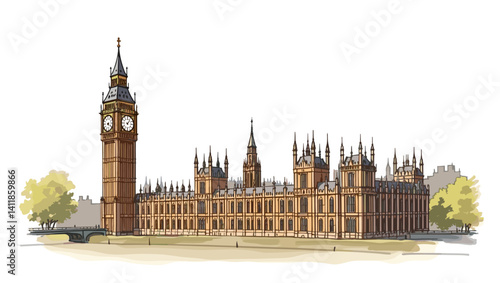 Vector illustration of the Palace of Westminster with Big Ben, in a detailed and clean style. Famous London landmark with classic architecture and neutral background