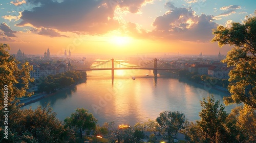 Golden sunset over Budapest s Liberty Bridge a serene river scene with warm hues and cityscape views