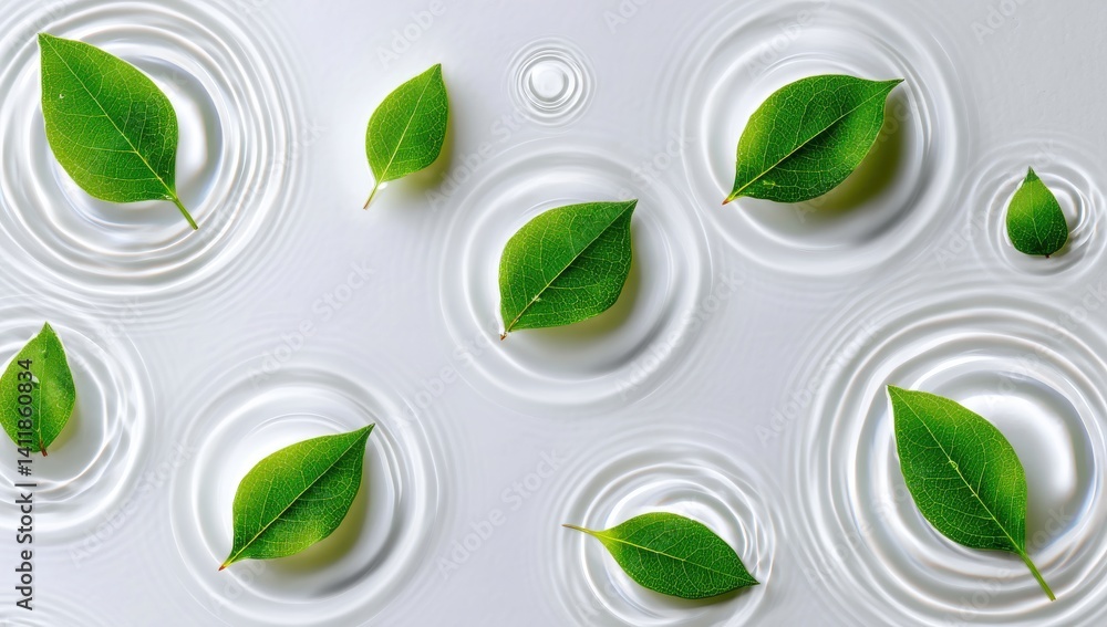 Eco-Conscious Ripple: A serene arrangement showcases vibrant green leaves floating on the clear surface of gently rippling water. Evoking a sense of freshness and environmental harmony. Eco-Conscious Ripple: A serene arrangement showcases vibrant green leaves floating on the clear surface of gently rippling water. Evoking a sense of freshness and environmental harmony.