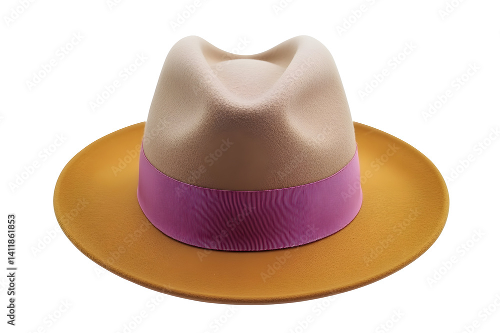 Classic fedora tan brim, beige crown, purple band. Isolated on transparent background. Sophisticated headwear, timeless style. Fashionable accessory Classic fedora tan brim, beige crown, purple band. Isolated on transparent background. Sophisticated headwear, timeless style. Fashionable accessory