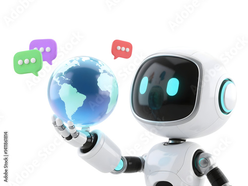 Happy robot. 3d ai character, chat bot mascot isolated on transparent background, GPT chatbot icon. Artificial intelligence, trendy technology, support service, funny automation computer
