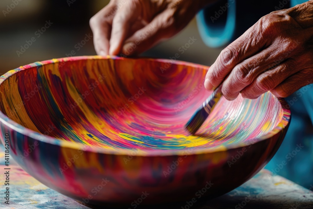 Obraz premium A person's hands carefully paint vibrant, swirling colors onto a wooden bowl, creating a mesmerizing artwork.
