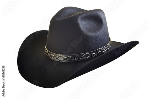 Dark cowboy hat, with silver band around the brim, classic headwear against a transparent background