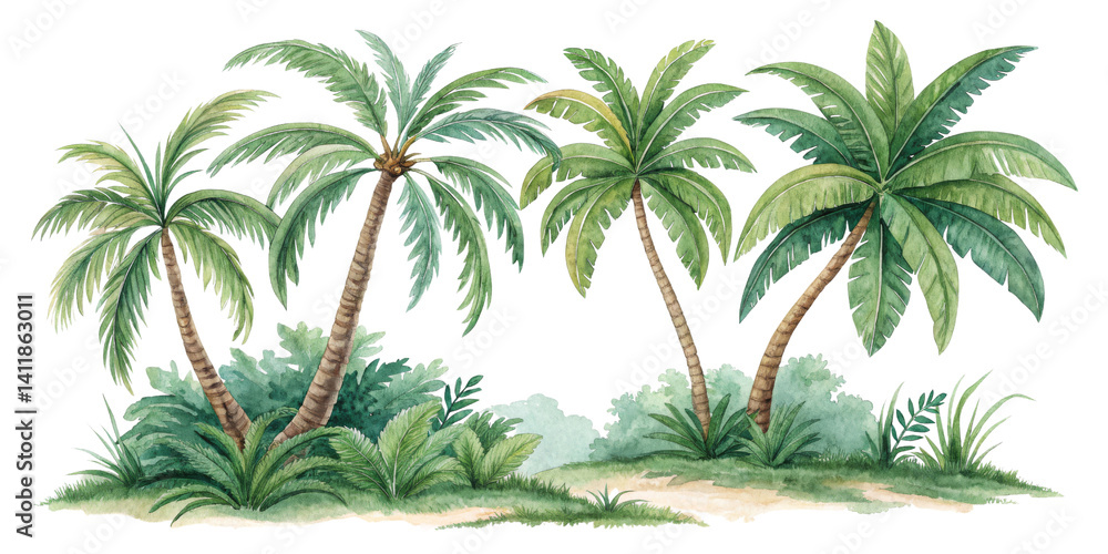 Fototapeta premium Watercolor Palm Trees Tropical Scene, Isolated on Transparent Background, Clipart Illustration, Palm trees, tropical, watercolor