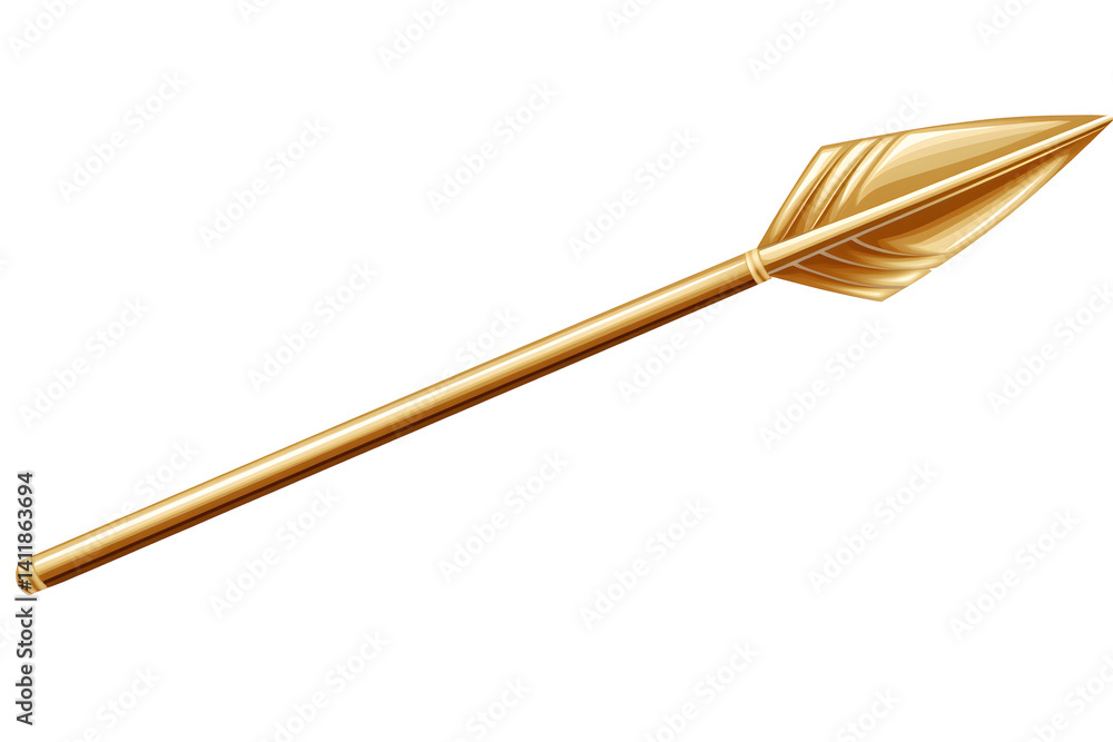 Gilded arrow pointing right, gold shaft, feathered fletching, against a transparent background Gilded arrow pointing right, gold shaft, feathered fletching, against a transparent background