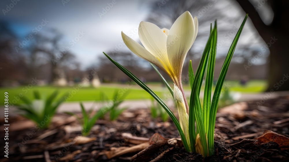Obraz premium White Crocus Flower Surrounded by Fresh Green Grass in a Tranquil Park Setting