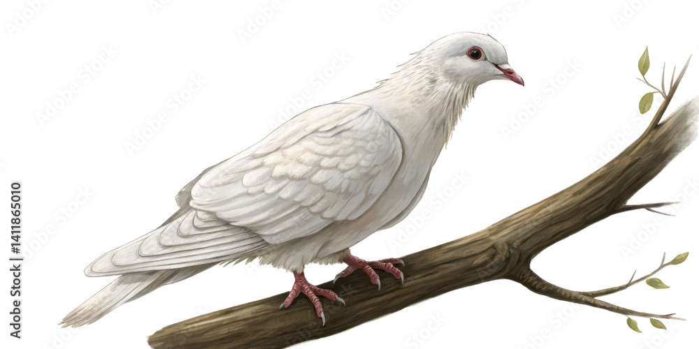 Fototapeta premium White Dove on Branch Digital Painting, Isolated on Transparent Background, Bird Illustration, Peace Symbol, Dove, Bird, Peace