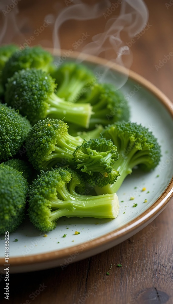 Steaming Broccoli Florets Vibrant Green Warm Light. AI Generated Steaming Broccoli Florets Vibrant Green Warm Light. AI Generated