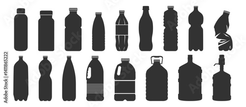 Plastic bottle black icon set isolated on transporent. Water bottle flat line style set. Pet bottle plastic. Small and large bottles for water, milk and other drinks