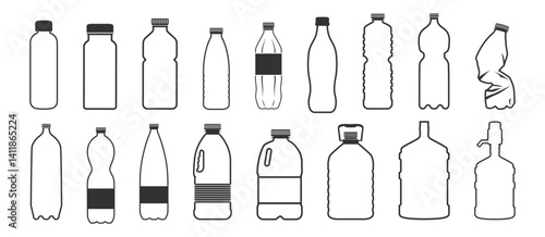 Plastic bottle black icon set isolated on transporent. Water bottle flat line style set. Pet bottle plastic. Small and large bottles for water, milk and other drinks