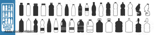 Plastic bottle black icon set isolated on transporent. Water bottle flat line style set. Pet bottle plastic. Small and large bottles for water, milk and other drinks
