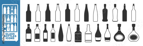 Glass bottle black icon set isolated on transporent. Alcohol bottle illustration, beer, vodka, wine, cognac concept.