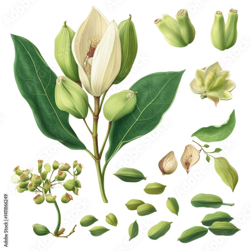 Illustrator's transparent artwork of cardamom plant nature botanical illustration detailed view