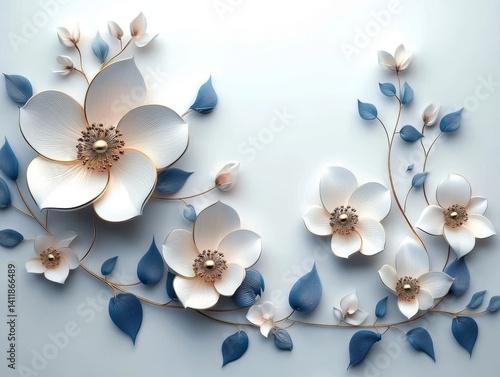 Delicate blossoms crafted from paper or a similar material, arranged artfully with leaves. The composition exudes a sense of elegance and simplicity.