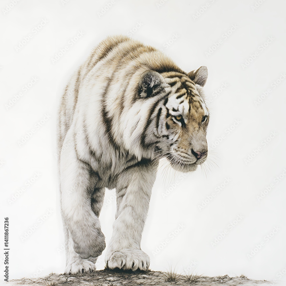 Fototapeta premium Majestic White Tiger A Detailed Illustration of a Rare and Beautiful Creature.