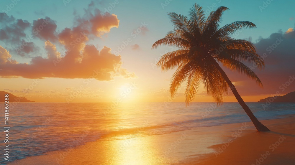 Obraz premium Tranquil Sunset Over Tropical Beach with Palm Tree