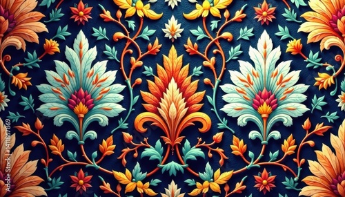 Intricate floral damask textile, repeating design, repeat, fabric