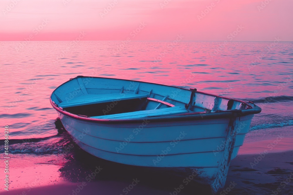 Fototapeta premium Serene sunset scene featuring a small, white boat gently resting on a pink-hued beach
