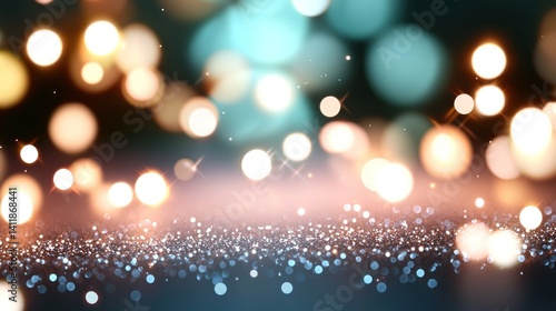 Festive bokeh lights on a glitter surface background