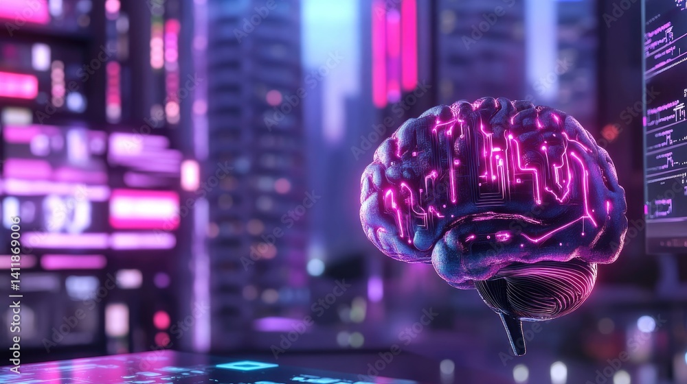Futuristic Digital Brain with Neon Lights Against Urban Background