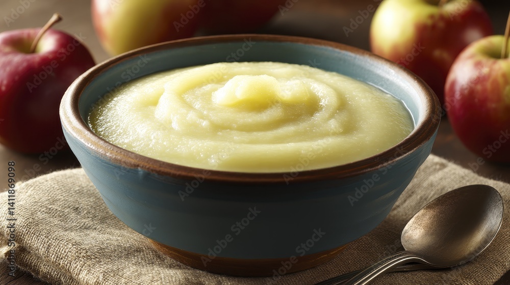 Chunky applesauce, smooth and creamy, spoonful ready to eat, rustic bowl - up flat dessert Chunky applesauce, smooth and creamy, spoonful ready to eat, rustic bowl - up flat dessert