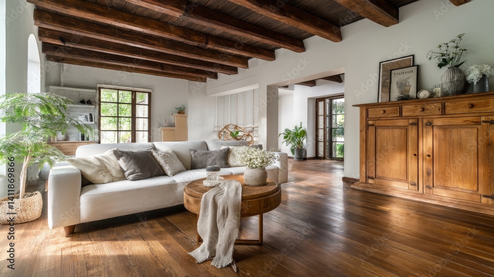 living room with sofa and accessories decoration wooden cabinet and parque wood flooring. Home interior