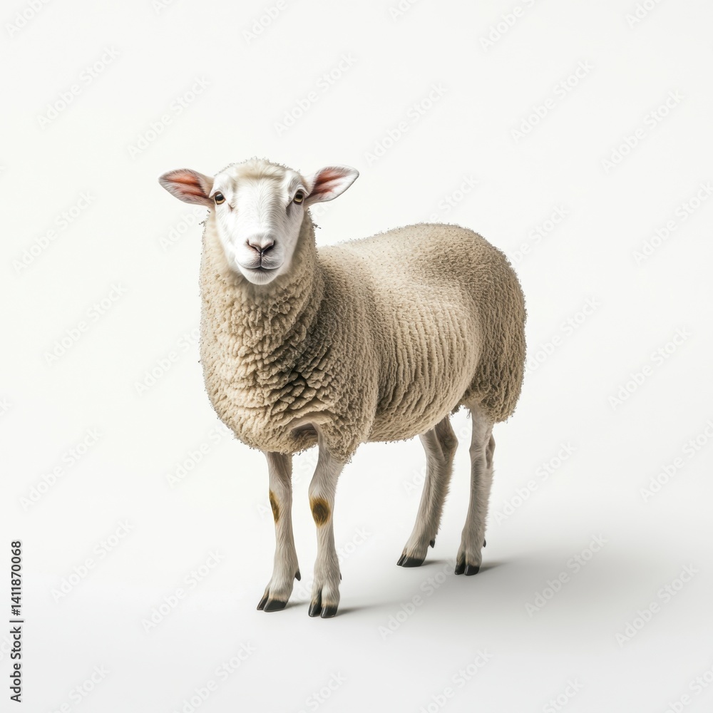 Fototapeta premium Charming Sheep Standing Gracefully Against Plain White Background