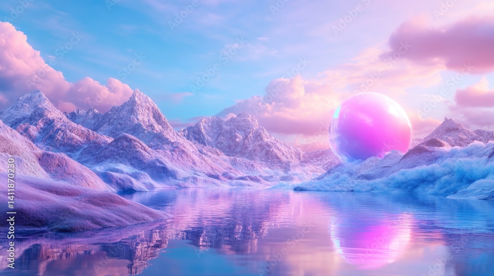 Serene Landscape with Mountains and Reflective Pink Sphere at Sunset