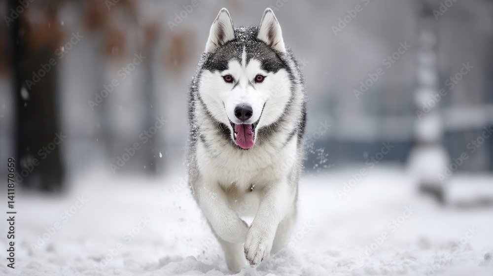 Naklejka premium Single husky running through deep snow, tongue lolling, powerful strides, winter wonderland - snowy pure canine fluffy