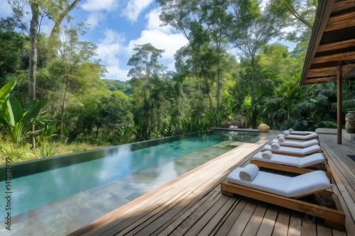Tranquil scene of relaxation featuring a serene infinity pool  wooden deck with lounge chairs  and a backdrop of vibrant rainforest