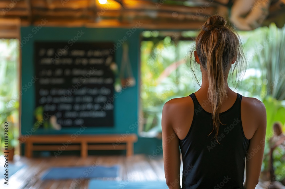 Yoga instructor standing in a tropical studio, preparing for a yoga session with inspiring quotes on the blackboard Yoga instructor standing in a tropical studio, preparing for a yoga session with inspiring quotes on the blackboard